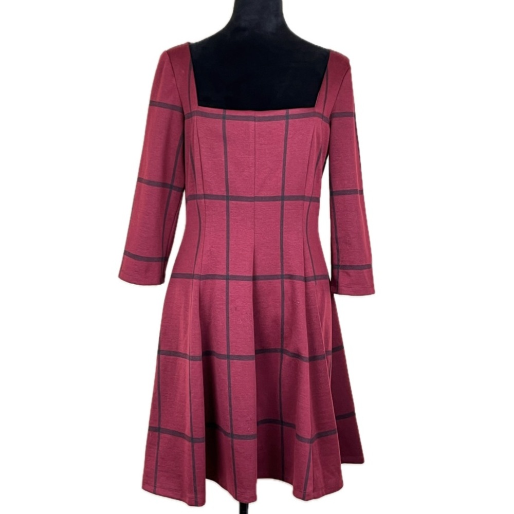 HUTCH Dress Size M Merlot Red Windowpane Plaid Mini Square Neck 3/4 Sleeve